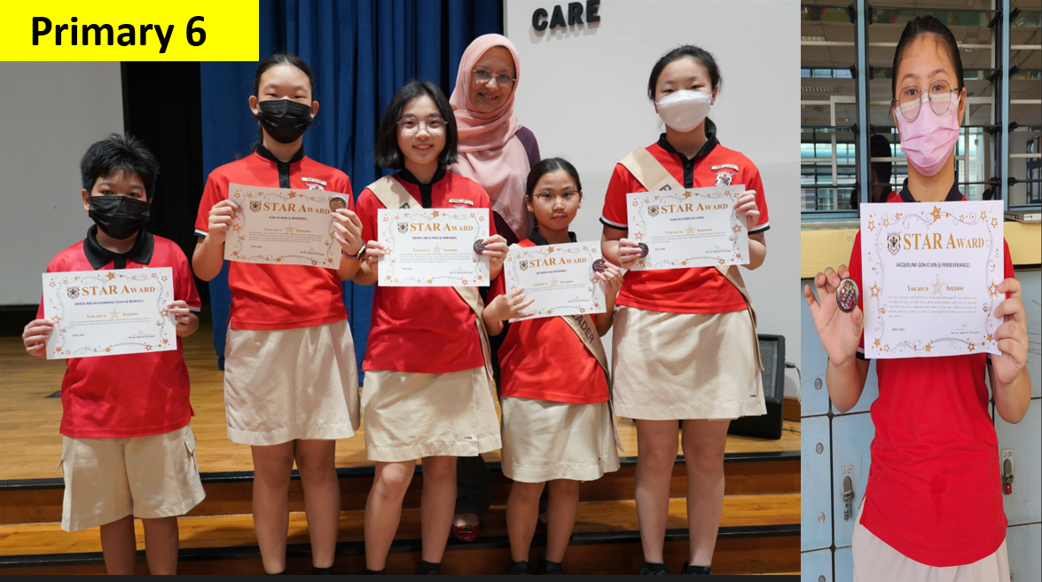 Primary 6 students in red uniforms hold Star Award certificates while posing with a teacher on a stage.